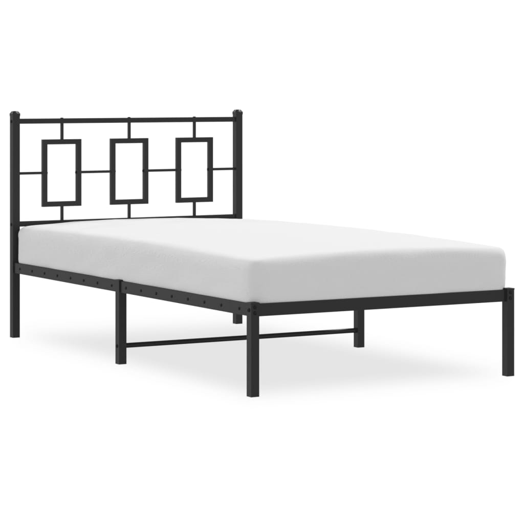 Black metal platform bed frame with geometric headboard