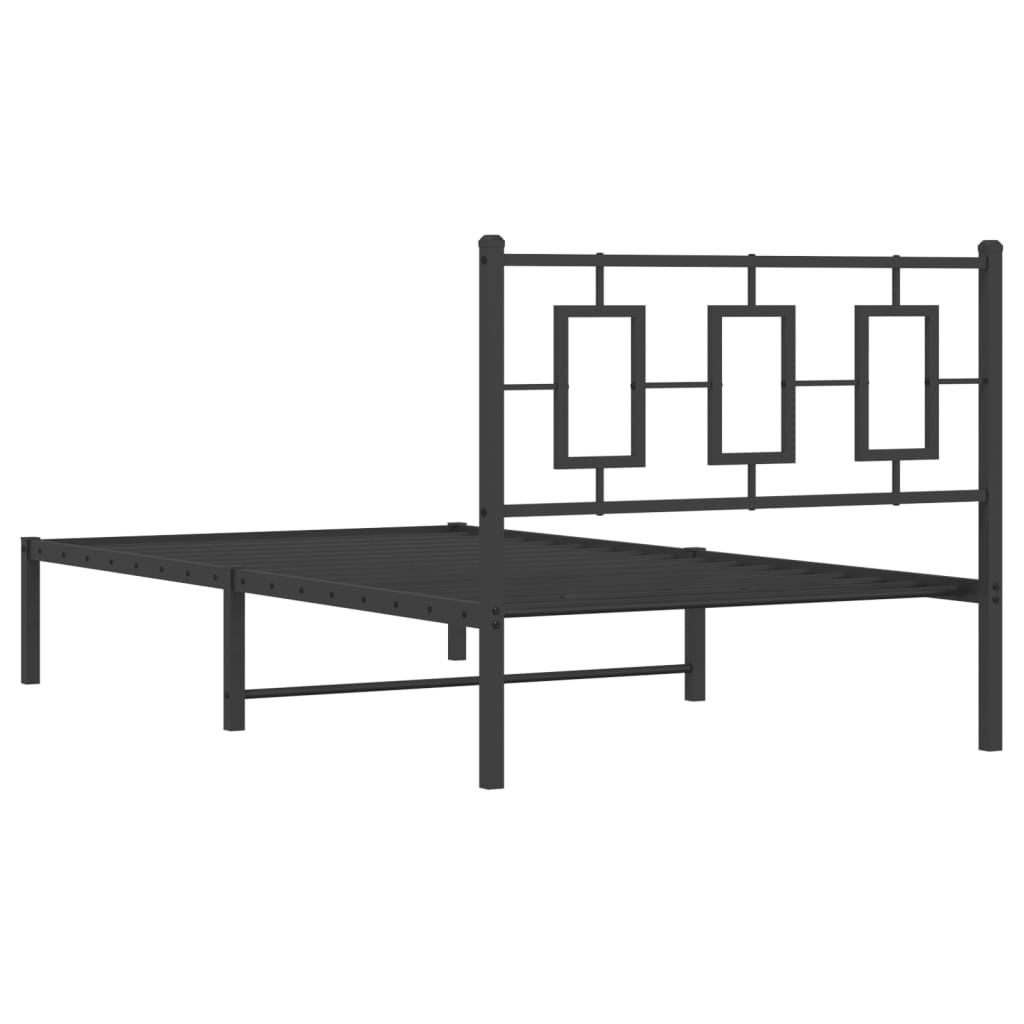 Black metal twin bed frame with minimalist headboard and slats
