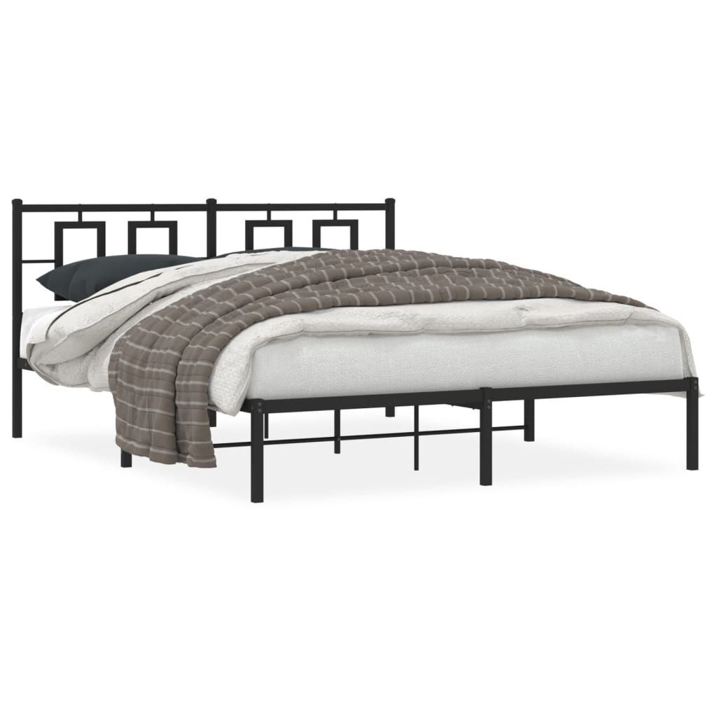 Metal bed frame with modern headboard and slat support dimensions shown