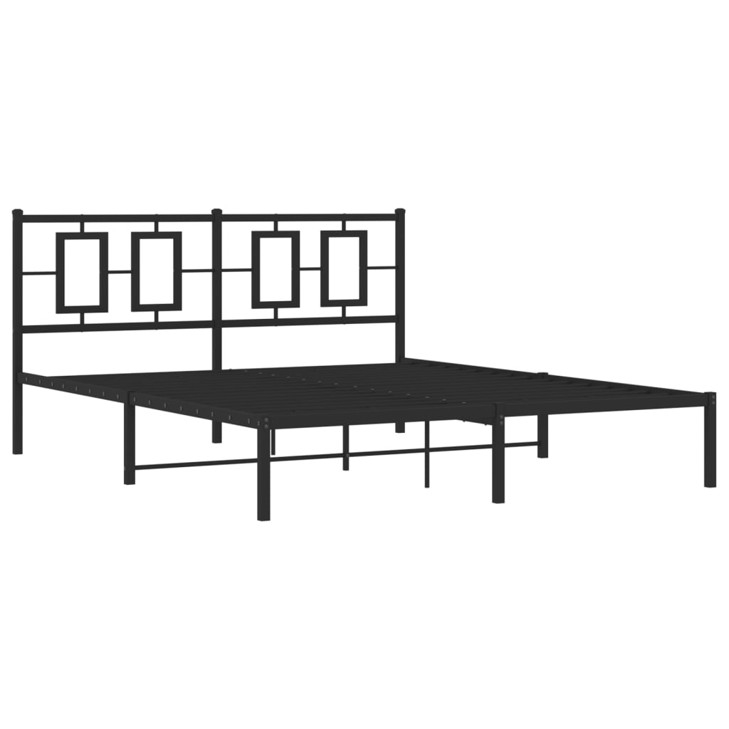Modern black metal platform bed frame with geometric headboard