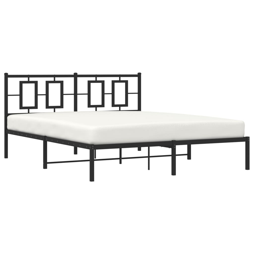 Black metal bed frame with geometric headboard design