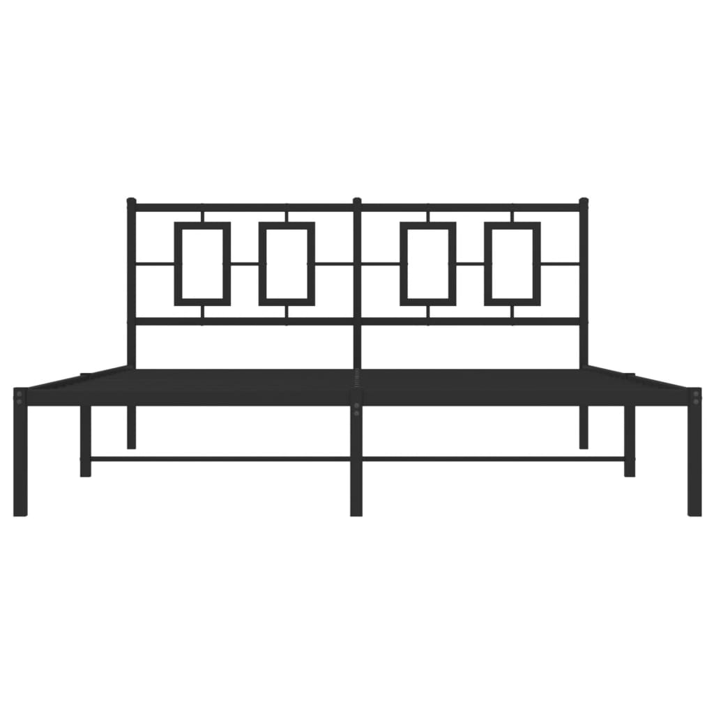 Black metal bed frame with geometric headboard and white mattress