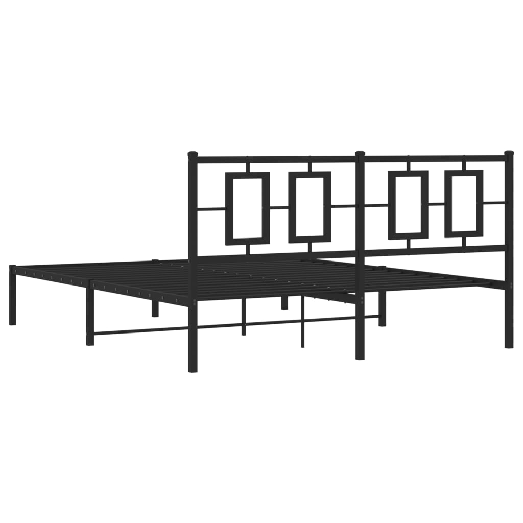 Black metal platform bed frame with a modern slatted headboard