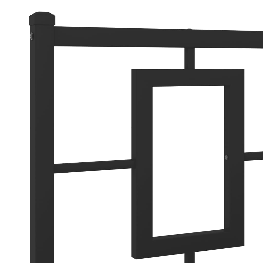 Black metal platform bed frame with rectangular headboard detail