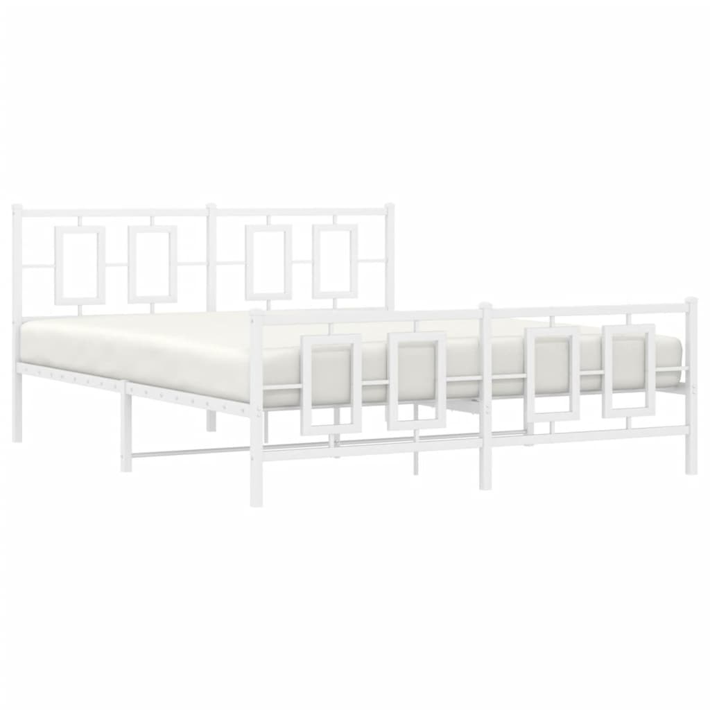 Modern white metal bed frame with geometric headboard detail