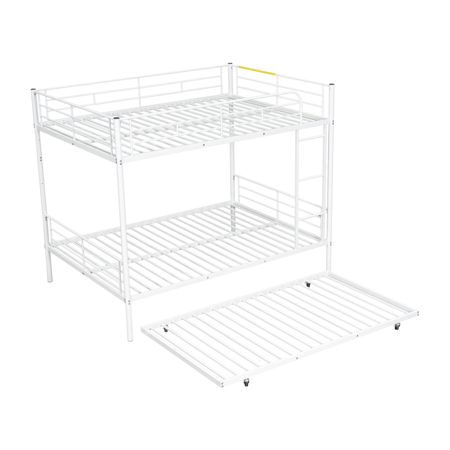 White metal twin over twin bunk bed with trundle