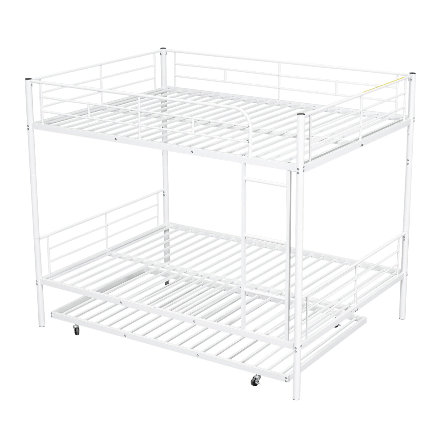 White metal triple bunk bed with casters on the bottom trundle