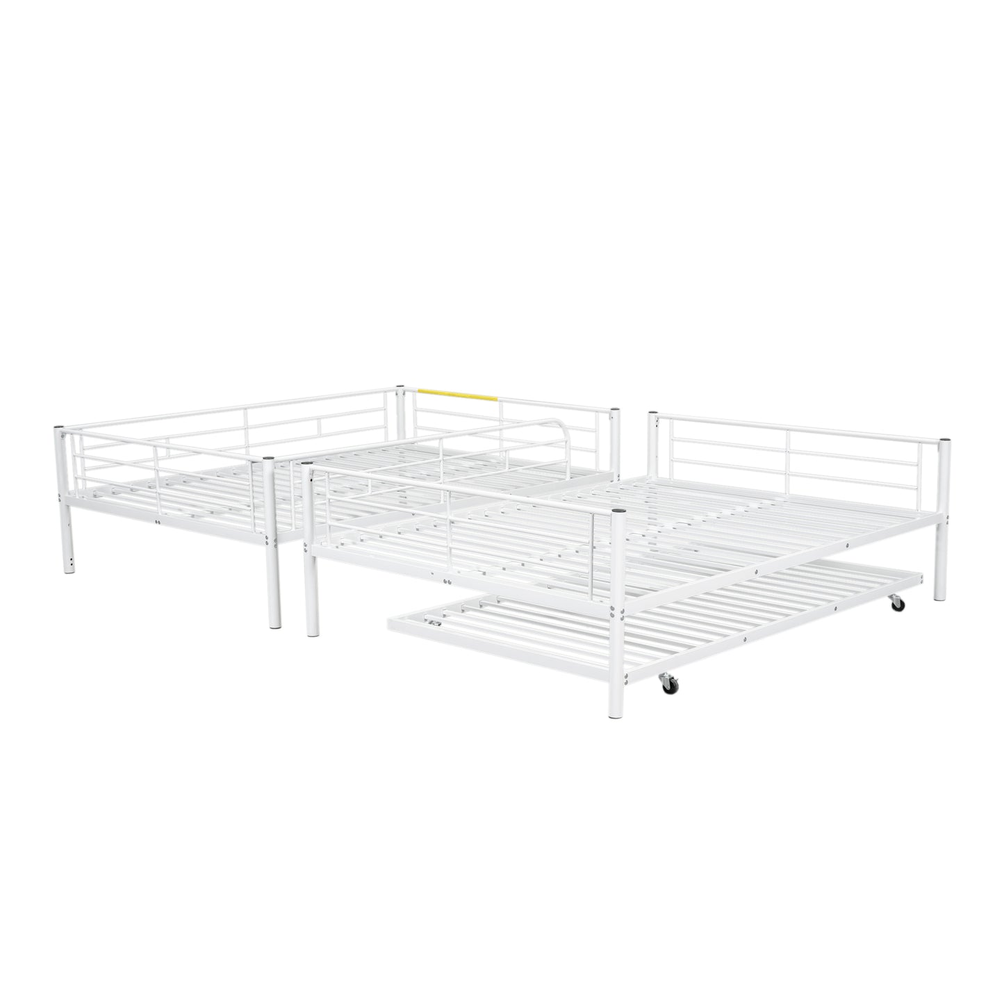 White metal twin trundle bed frame with guardrails