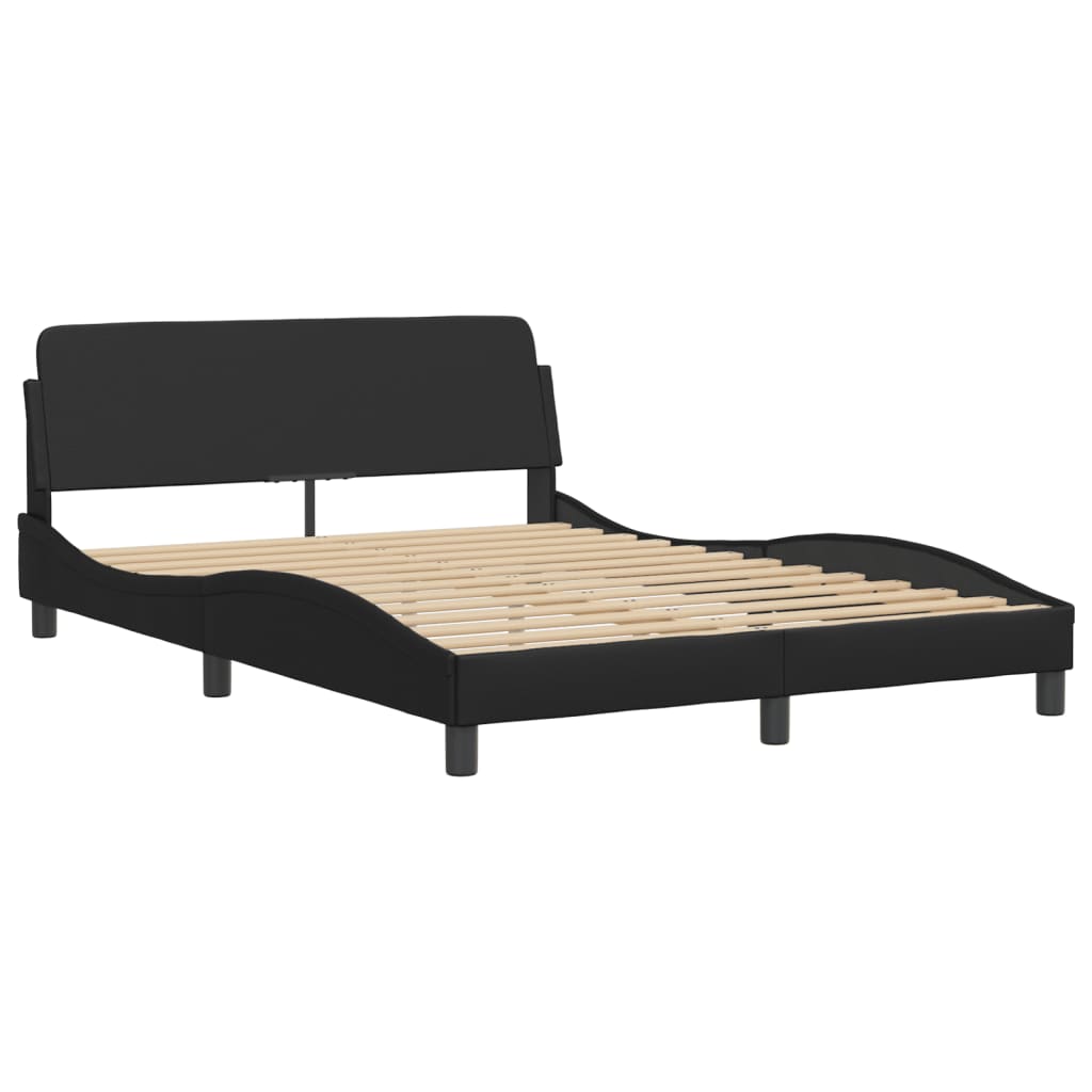 Modern black upholstered bed frame with curved headboard and white mattress