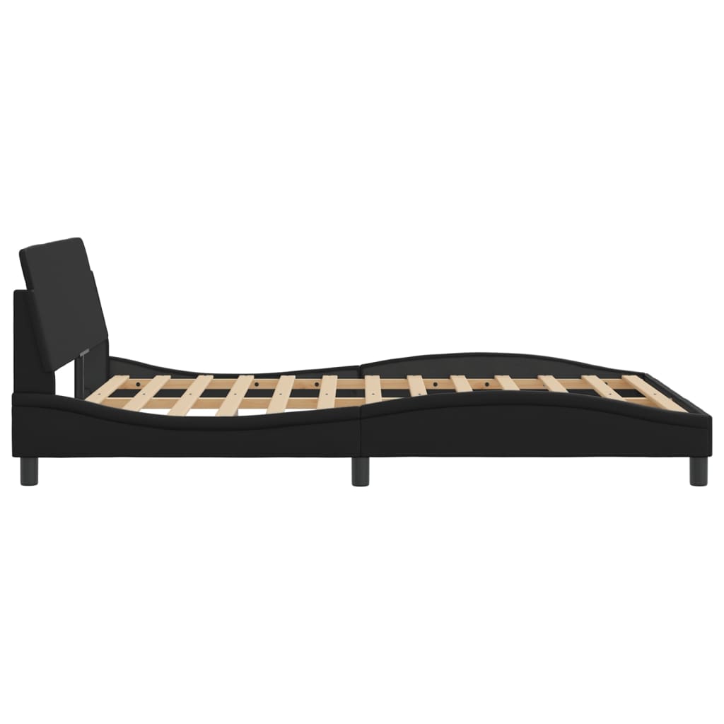 Black upholstered bed frame with a wooden slatted base and a tall headboard