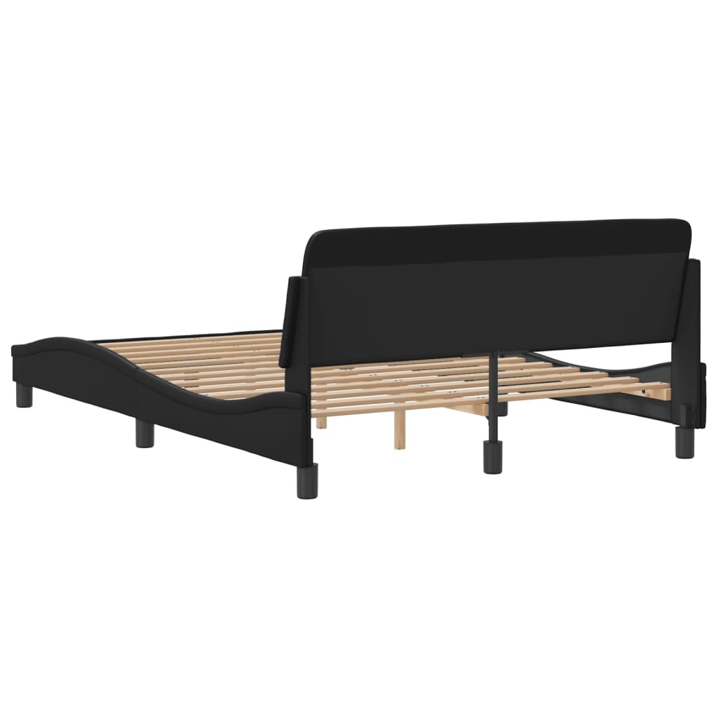 Black upholstered modern bed frame with curved design and wooden slats