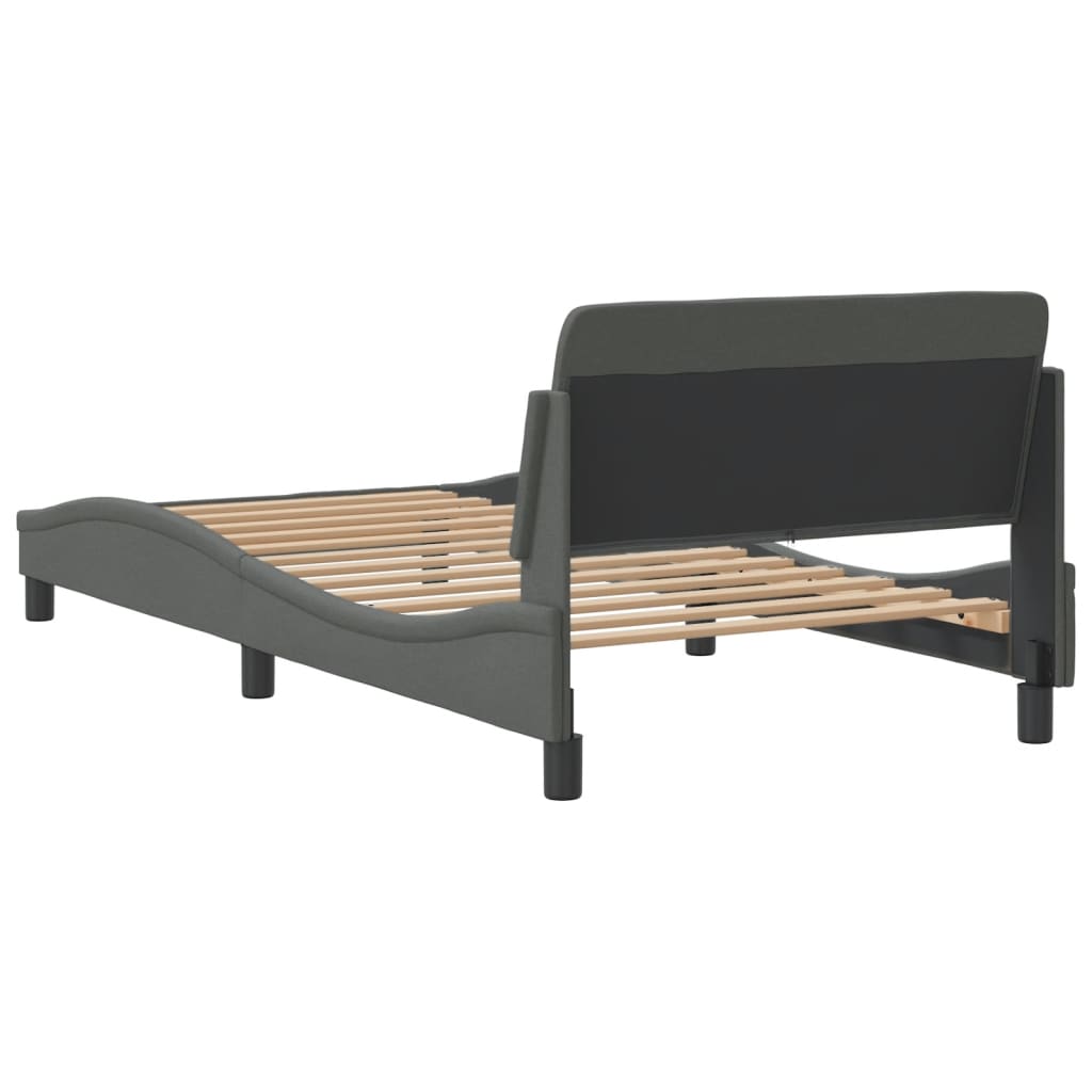 Dark gray upholstered bed frame with a curved design and wooden slats