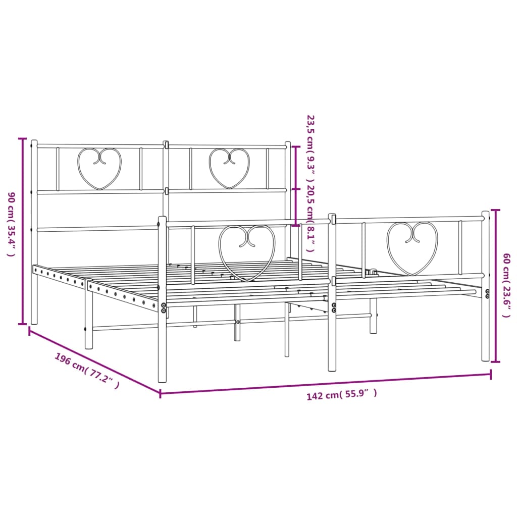 White metal bed frame with heartshaped headboard detailing