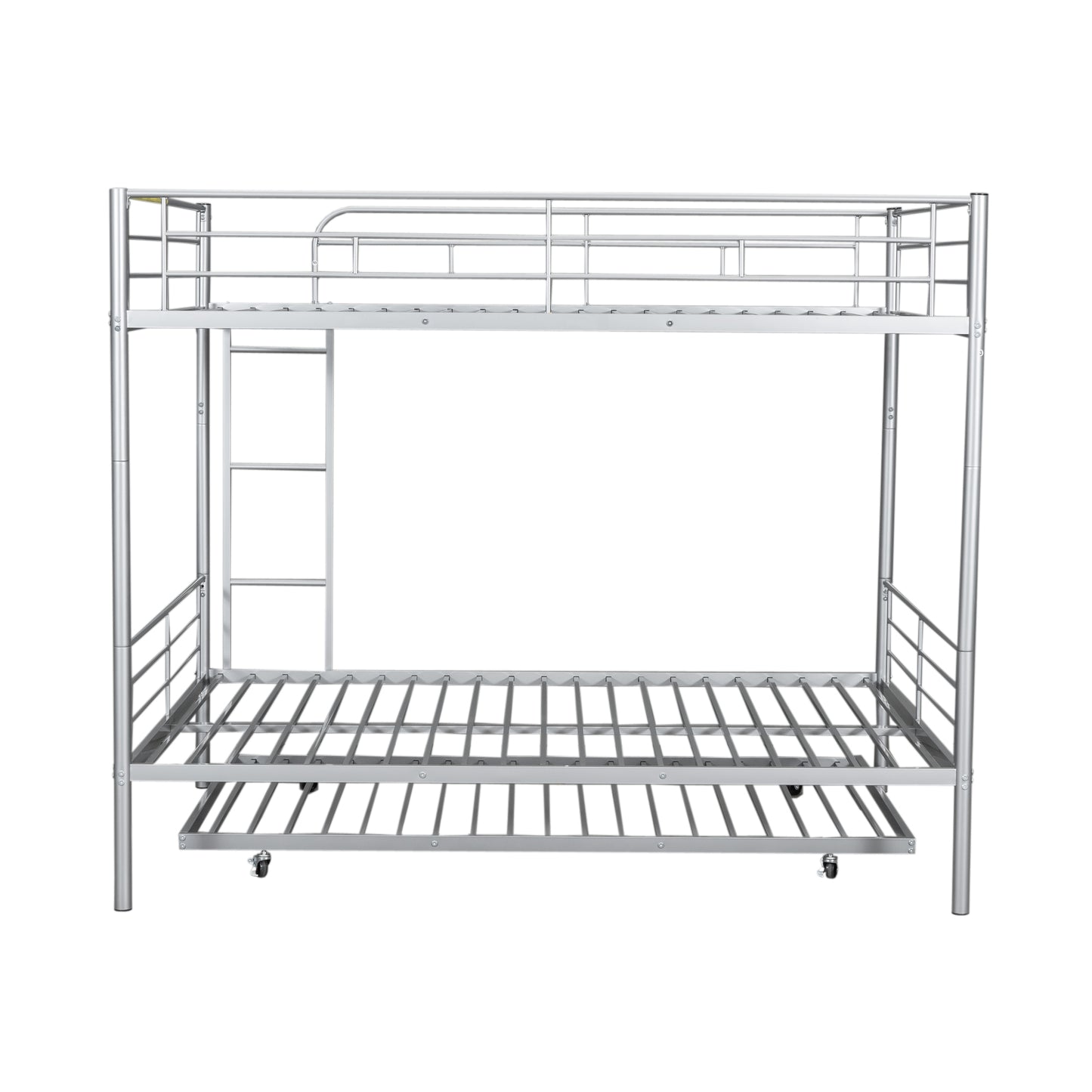 Silver metal twin over twin bunk bed with trundle
