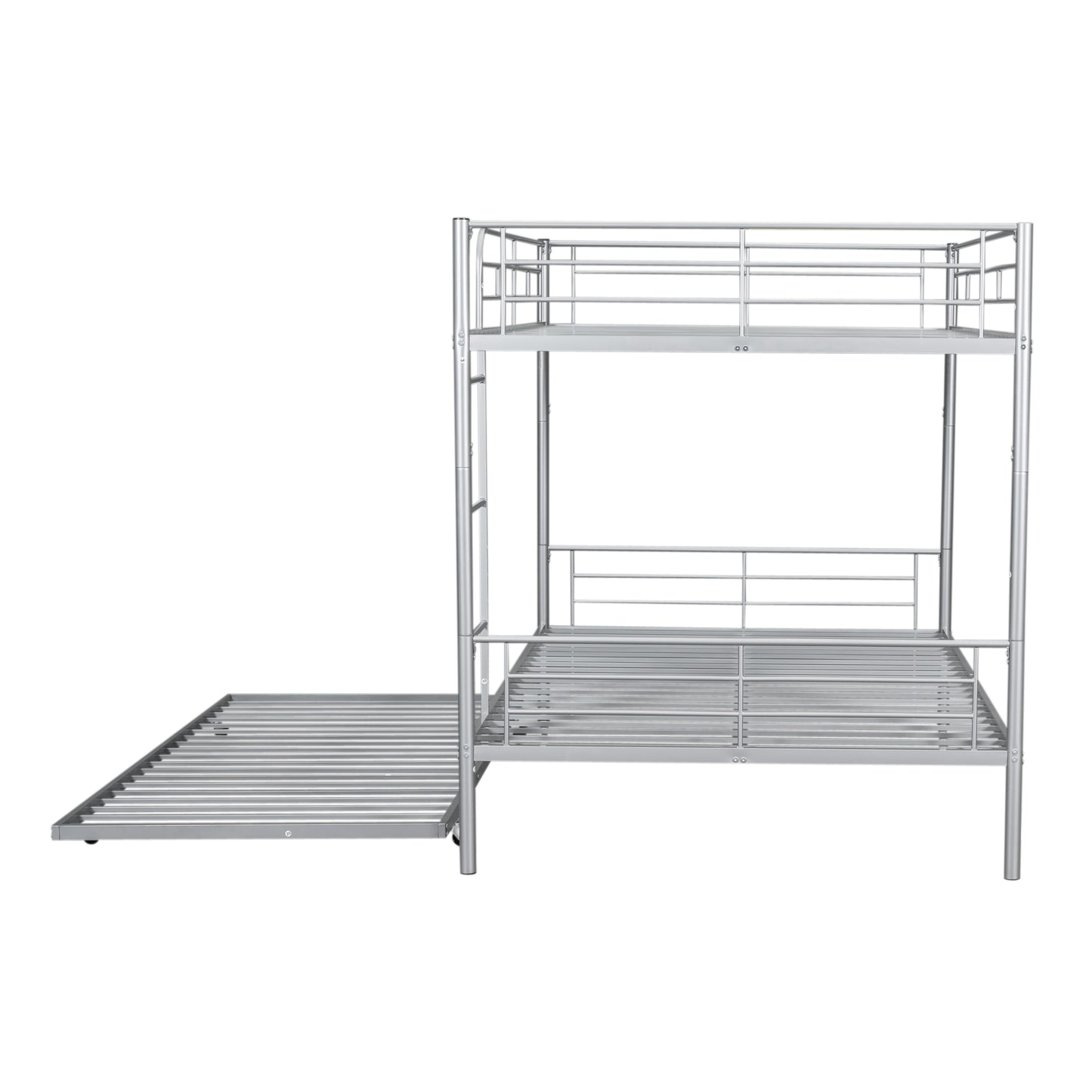 Silver metal twin over twin bunk bed with pullout trundle