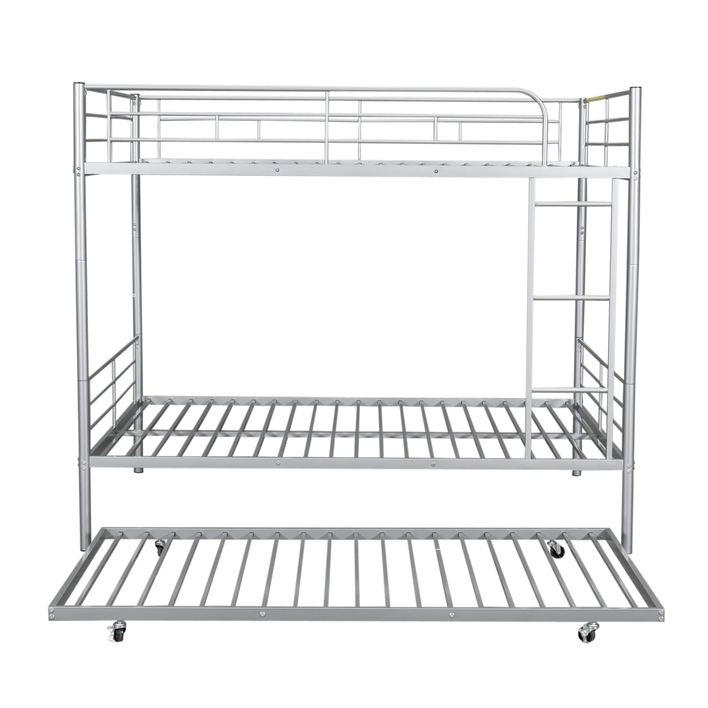 Silver metal triple bunk bed with pullout trundle