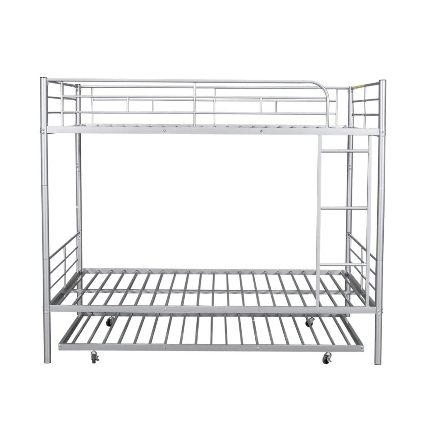 Silver metal triple bunk bed with pullout trundle