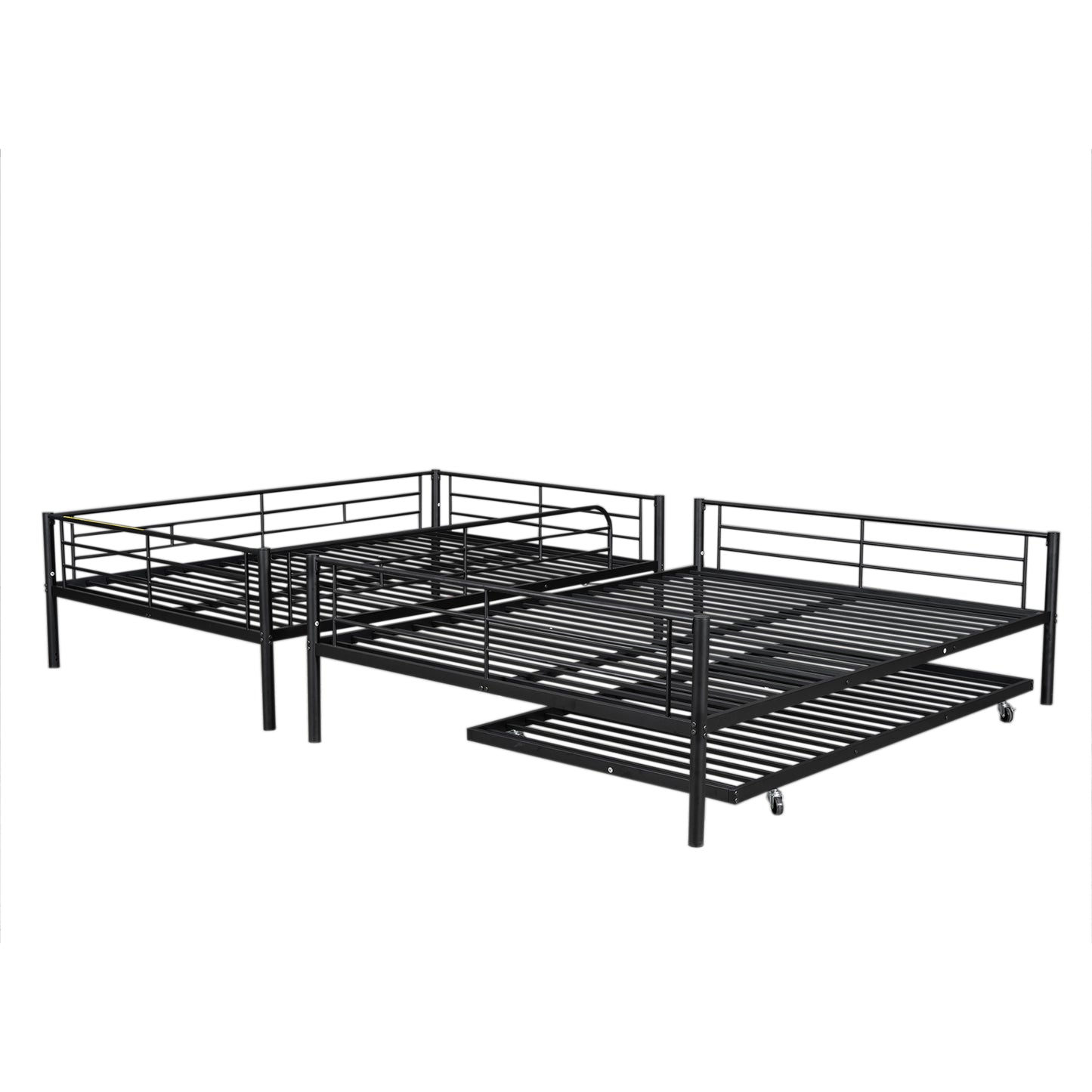 Black metal twin over twin bunk bed frame with trundle