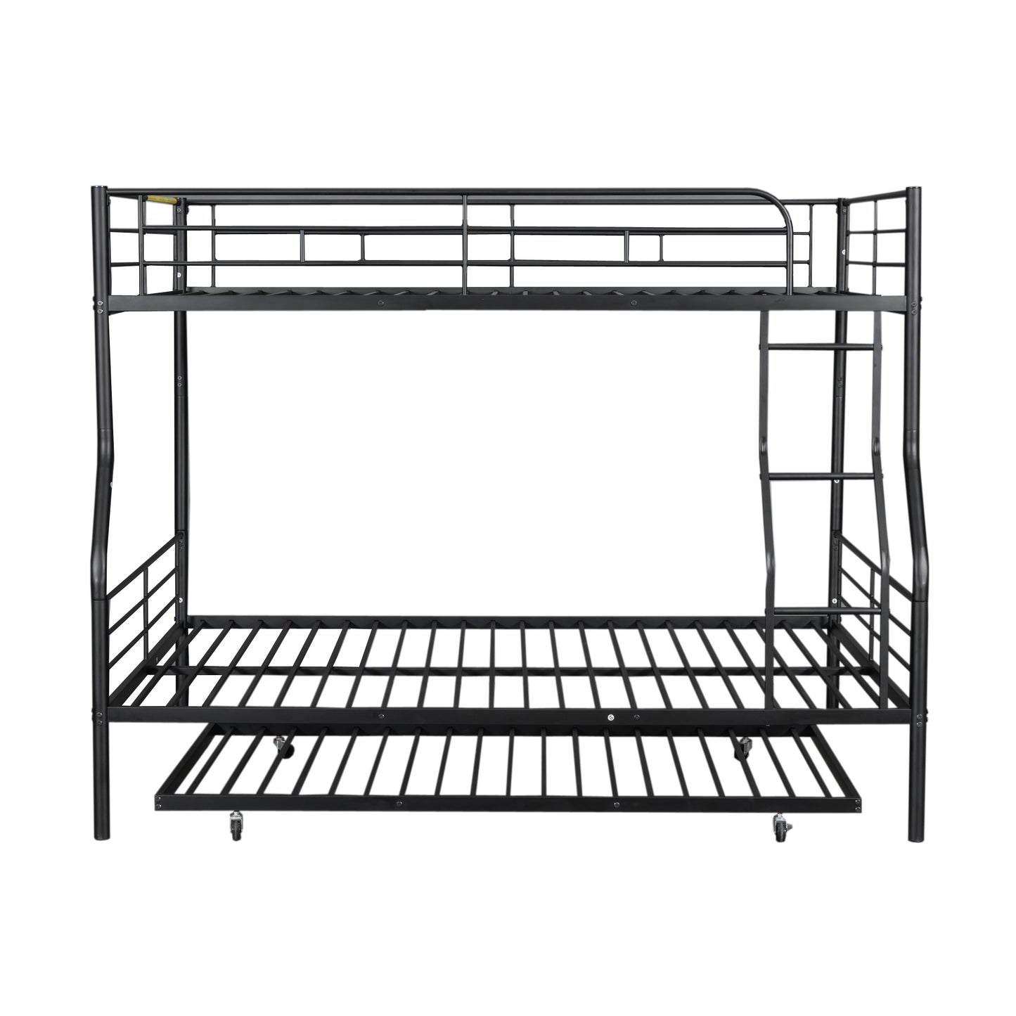 Black metal triple bunk bed with pullout trundle