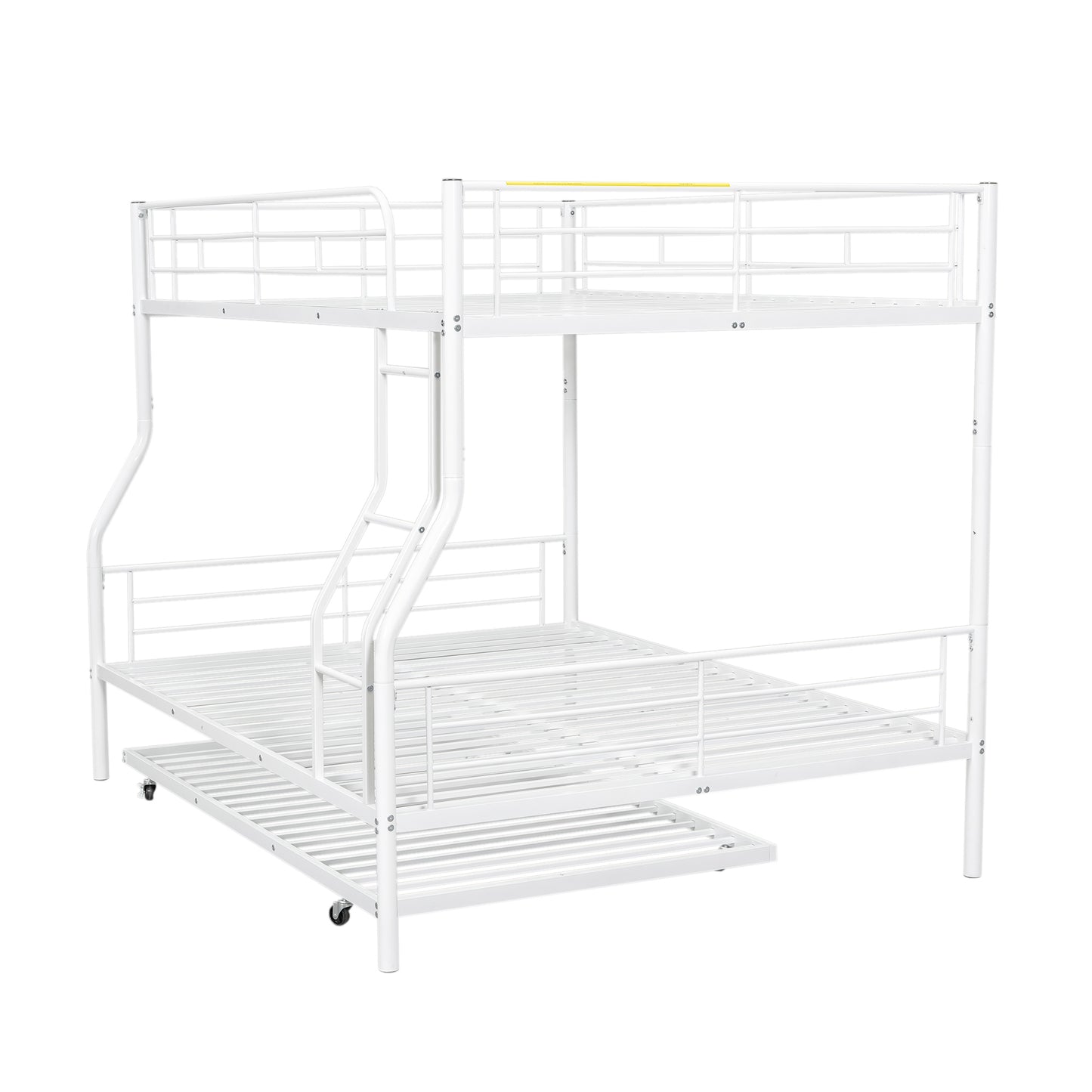 White metal triple bunk bed with rolling trundle