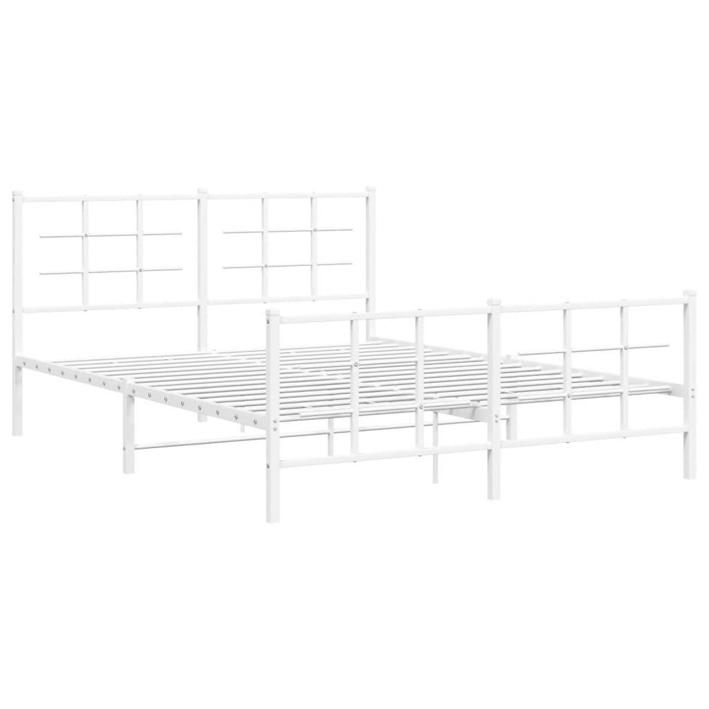 White metal bed frame with a minimalist grid design and grey striped bedding