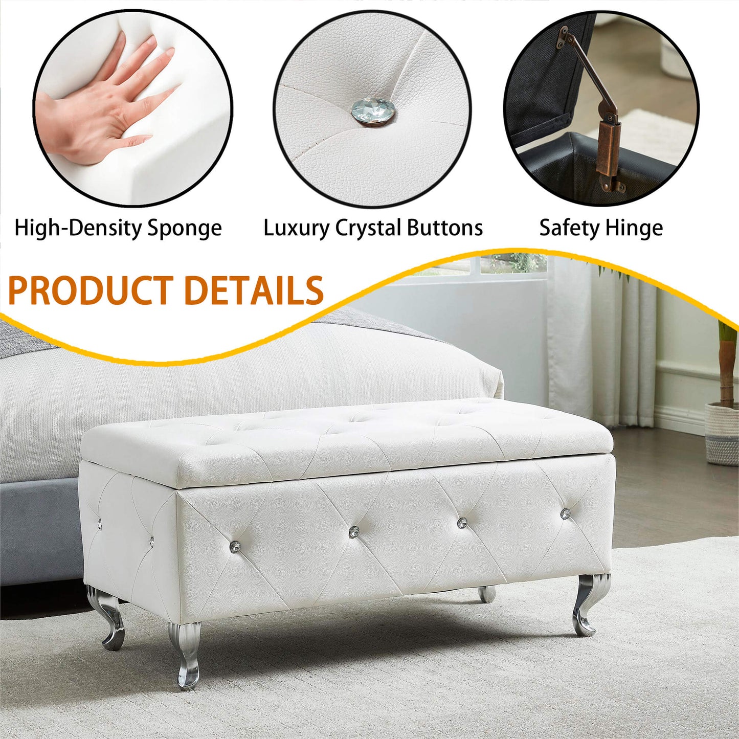 White faux leather storage ottoman with diamond tufting and crystal buttons