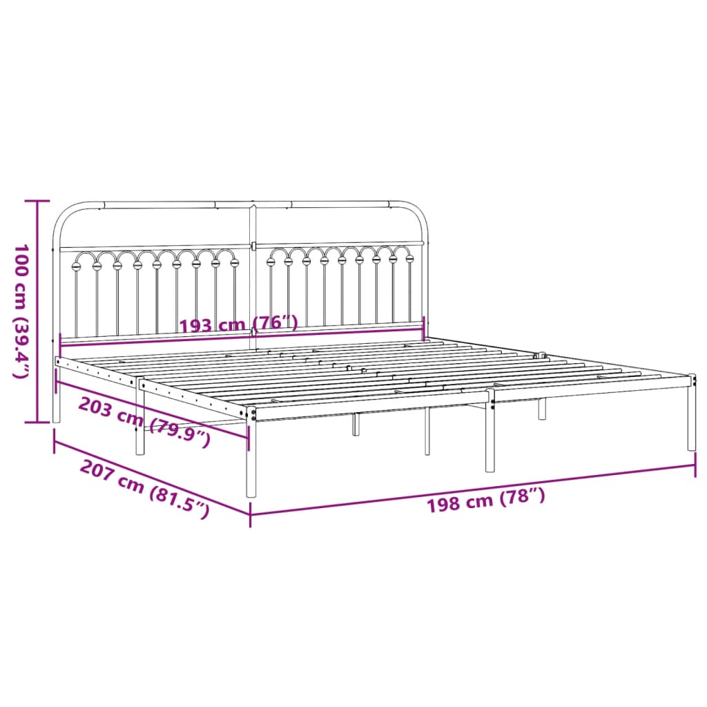 Black metal bed frame detail with decorative spherical finials