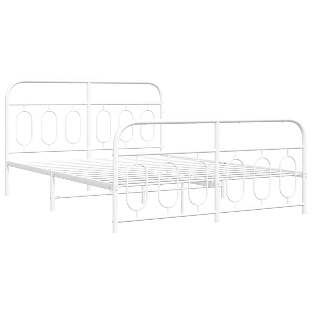 White metal twin bed frame with rounded headboard and footboard and decorative oval accents