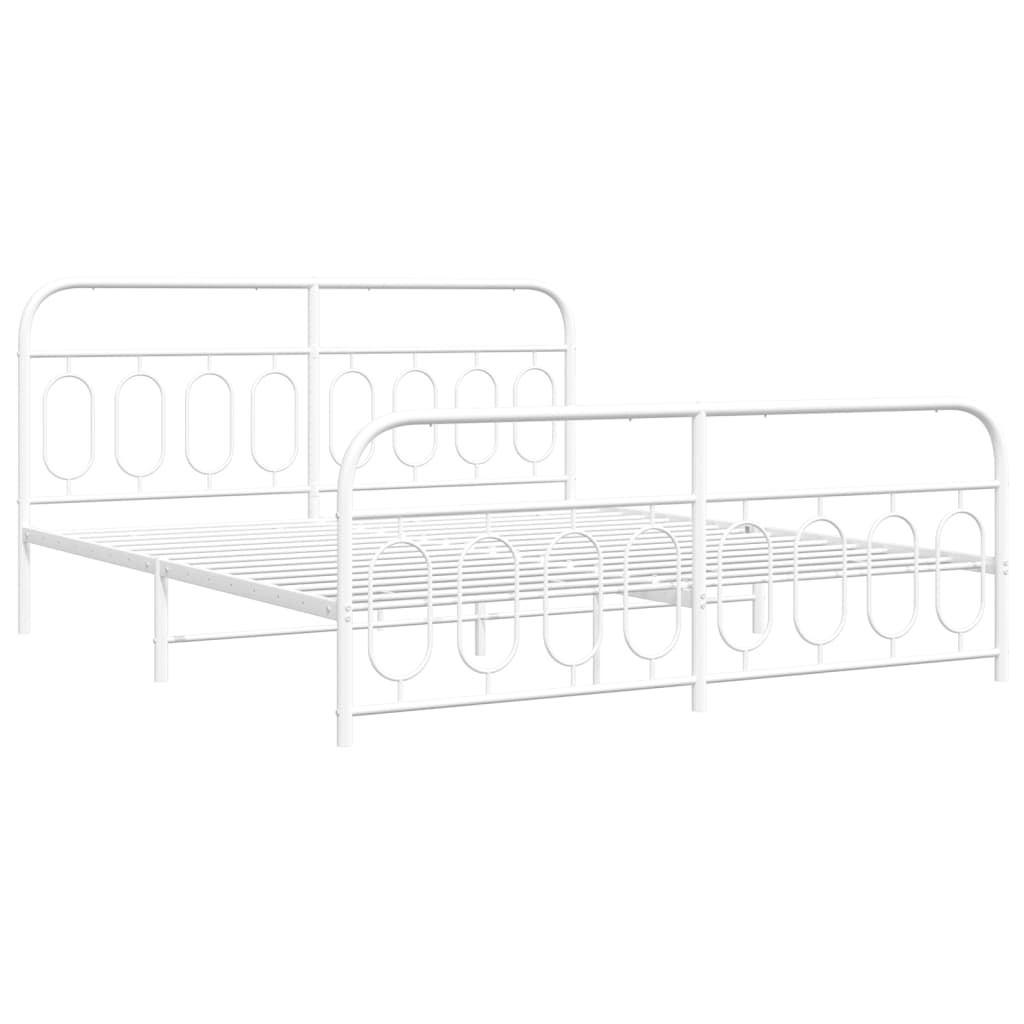 White metal bed frame with rounded headboard and footboard featuring decorative oval accents