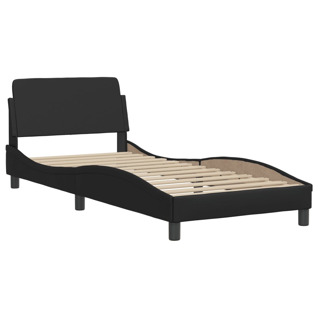 Black upholstered bed frame with wooden slats and adjustable headboard