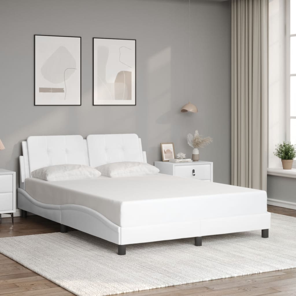 White leather platform bed frame with tufted headboard