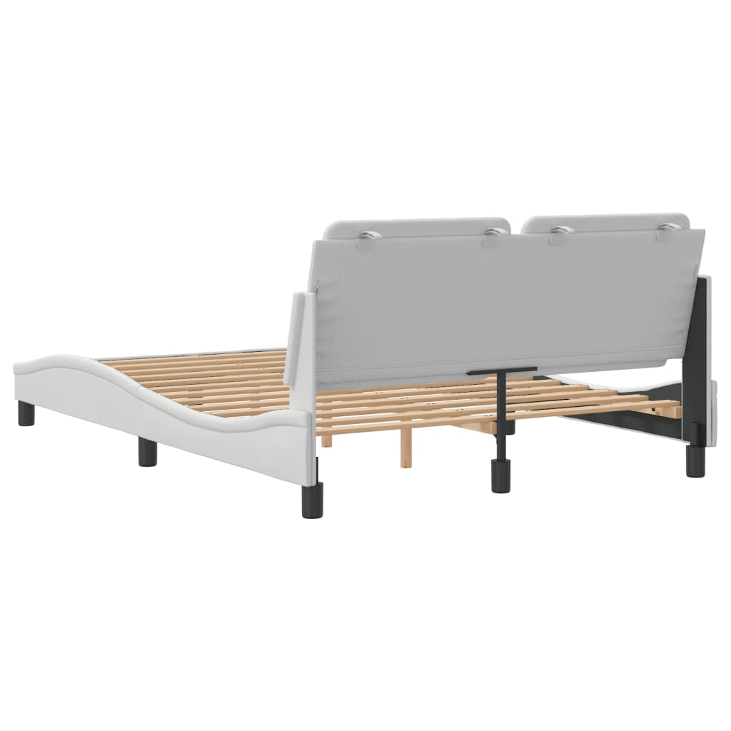 White leather platform bed frame with adjustable headboard and wooden slats