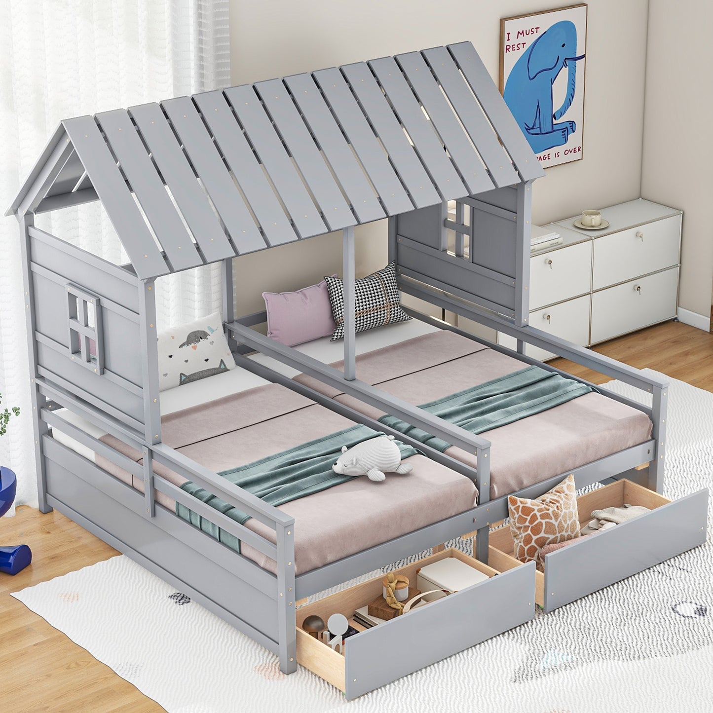 Grey twin house bed with drawers