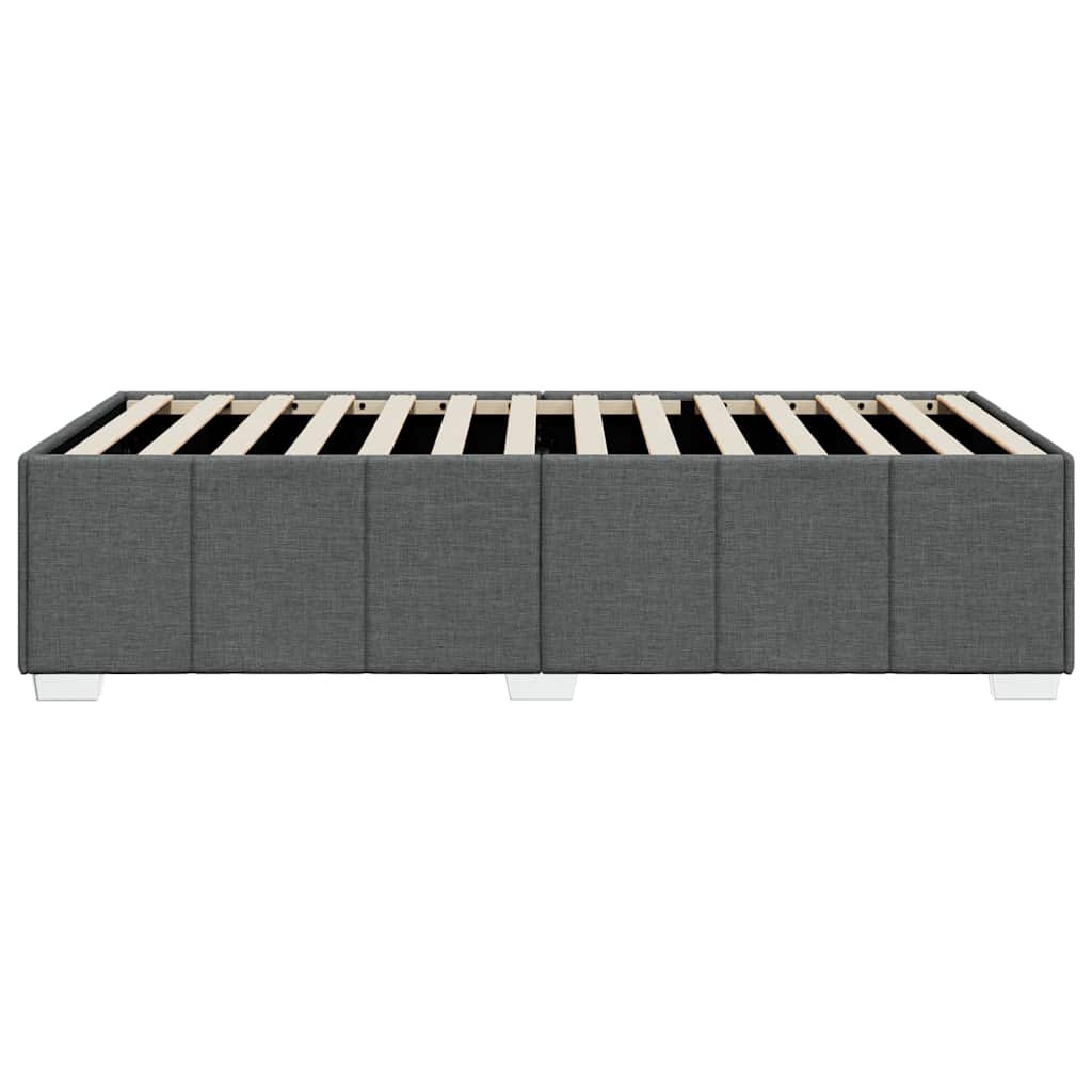 Dark gray upholstered bed base with wooden slats and chrome legs