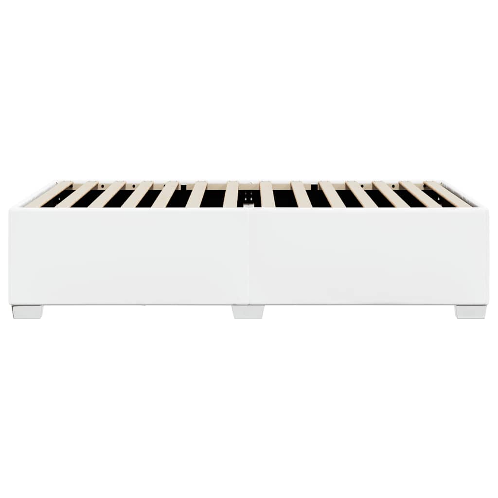 White upholstered bed frame with wooden slats and chrome legs