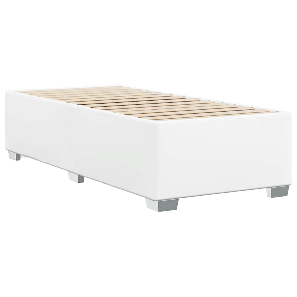 White upholstered bed frame with wooden slats