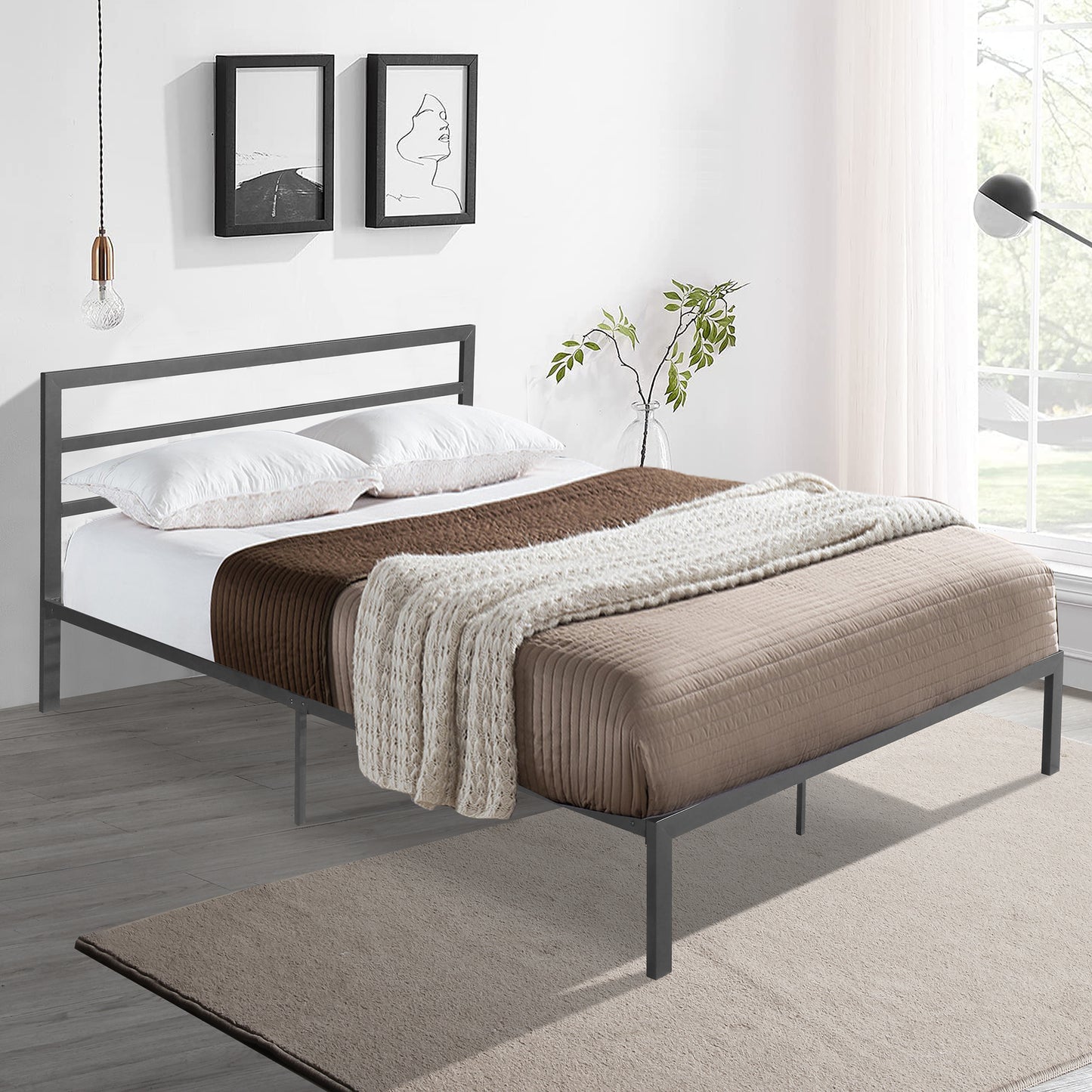 Modern grey metal bed frame with a minimalist headboard and sleek lines
