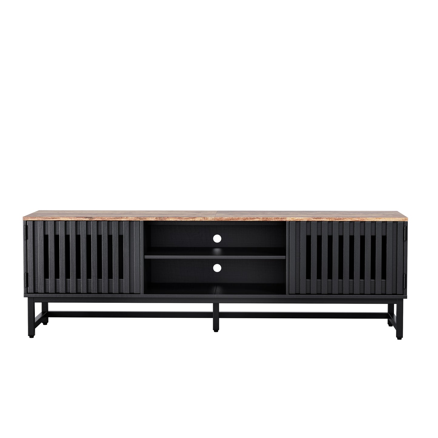 Sleek black media console with slatted doors and natural wood top