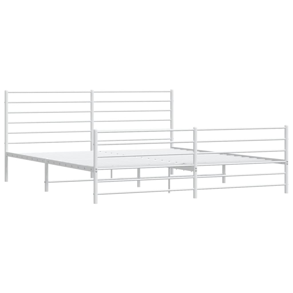 Modern white metal bed frame with a simple slatted headboard
