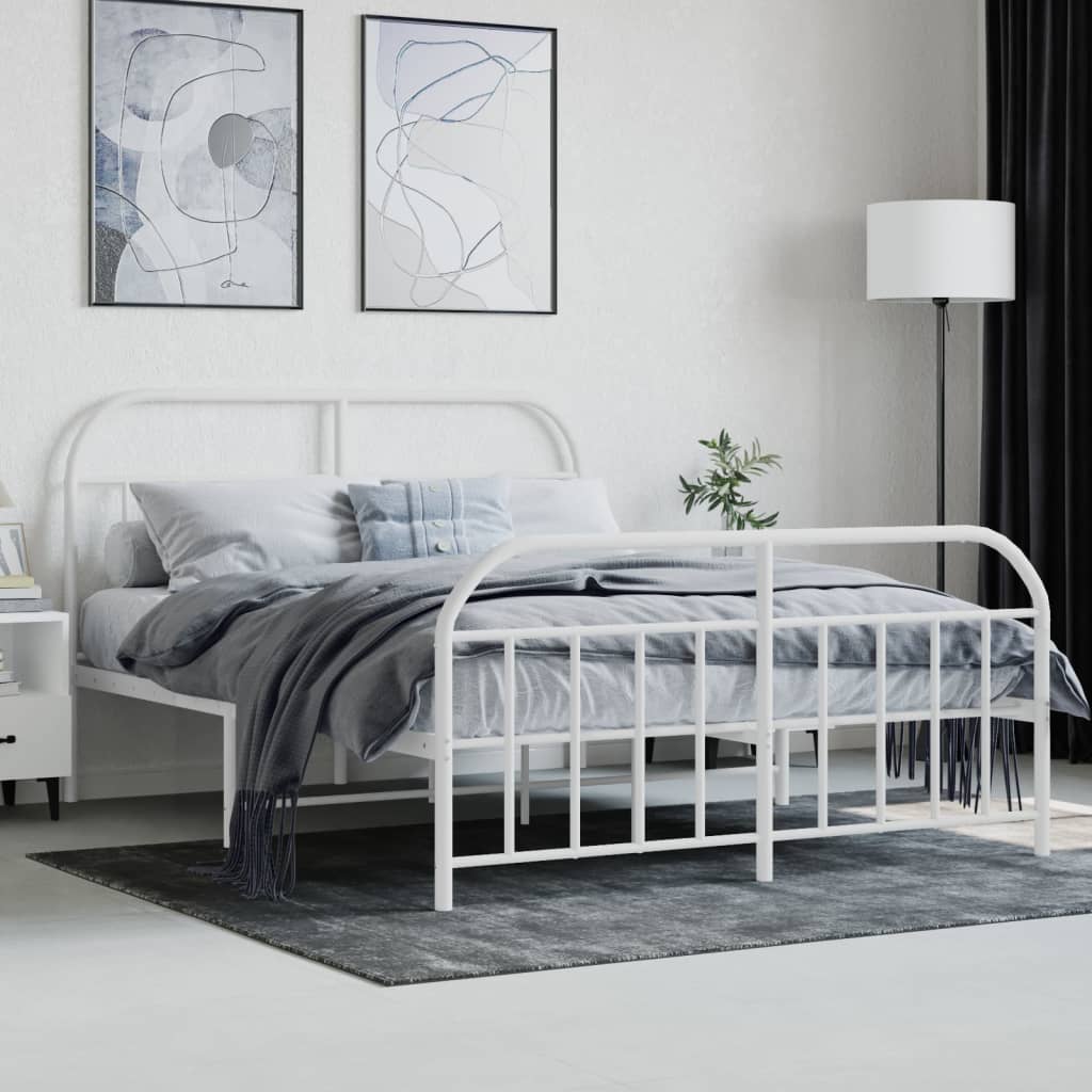White metal platform bed frame with curved headboard and footboard