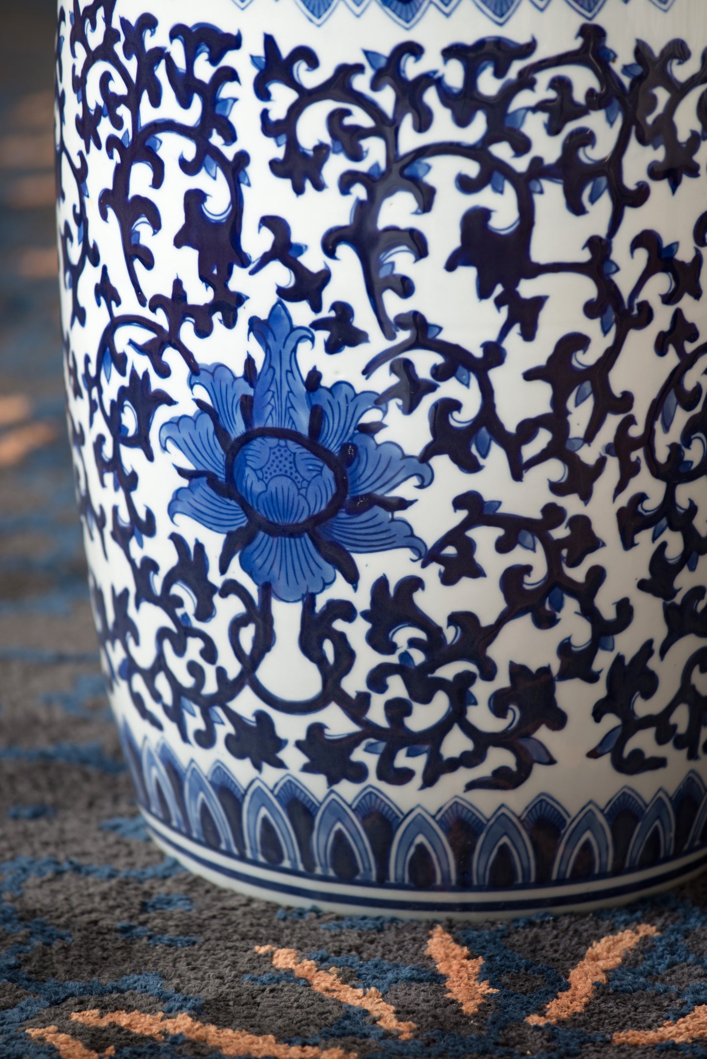 Blue and white porcelain garden stool with intricate floral pattern