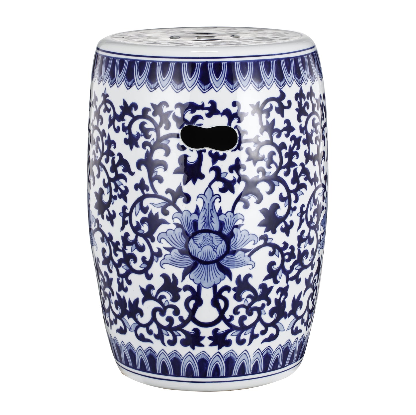 Blue and white ceramic garden stool with floral motif