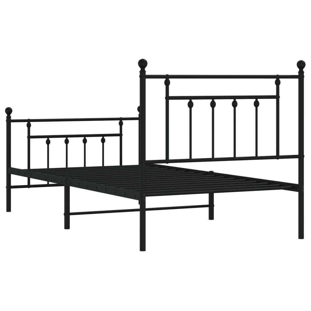 Black metal single bed frame with a slatted base and decorative finials