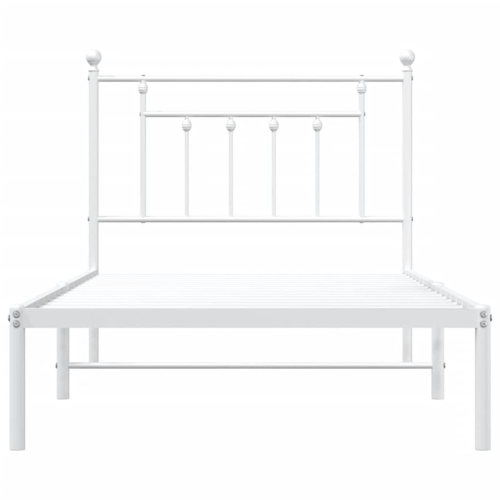 White metal twin bed frame with a simple headboard and footboard