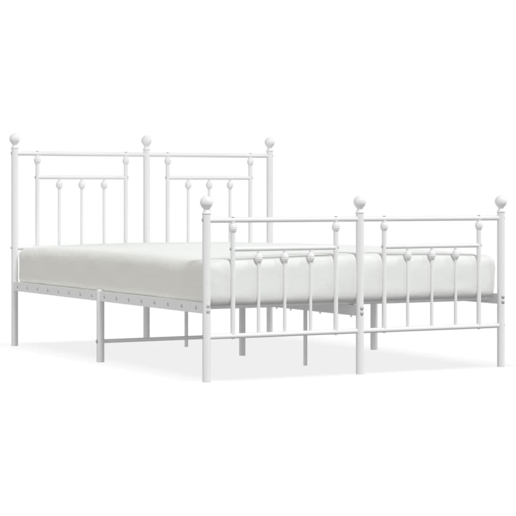 White metal bed frame with decorative finials and included dimensions