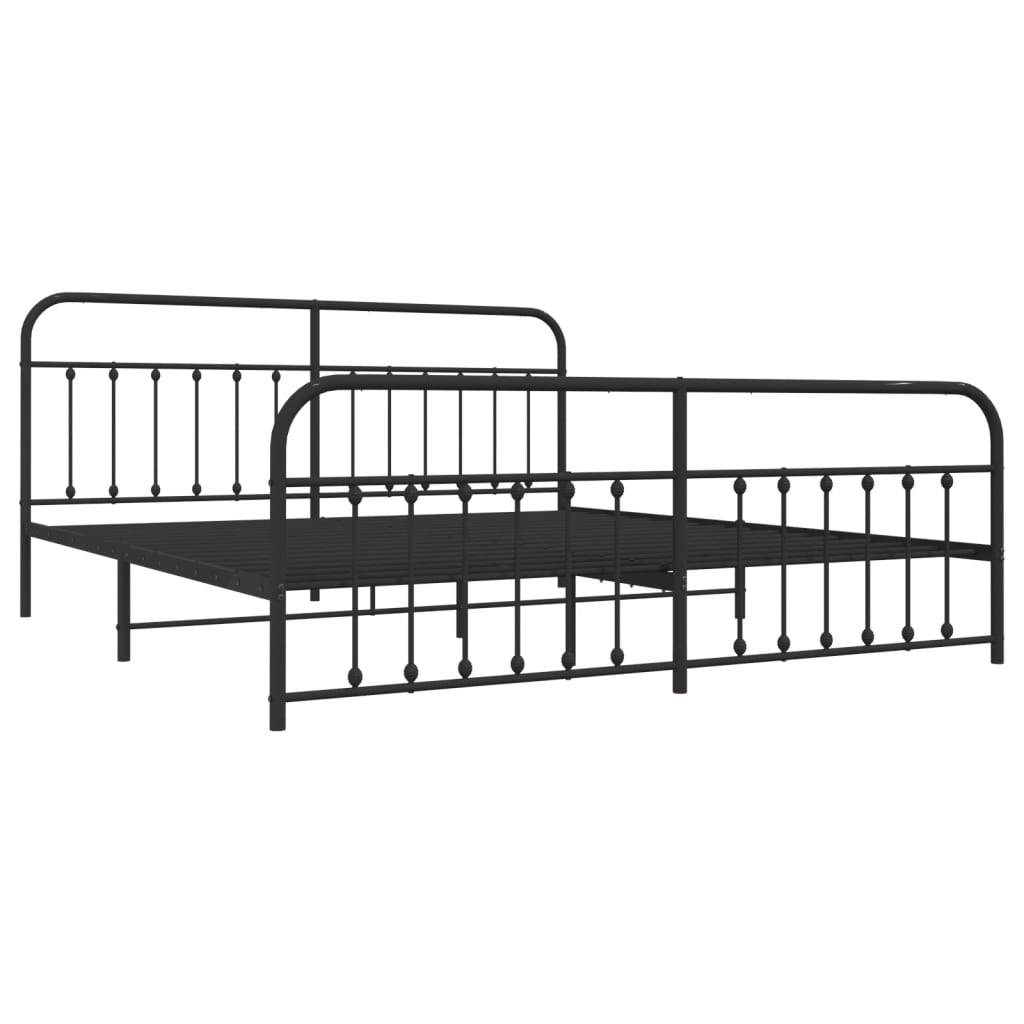 Black metal bed frame with a white mattress and decorative spindles