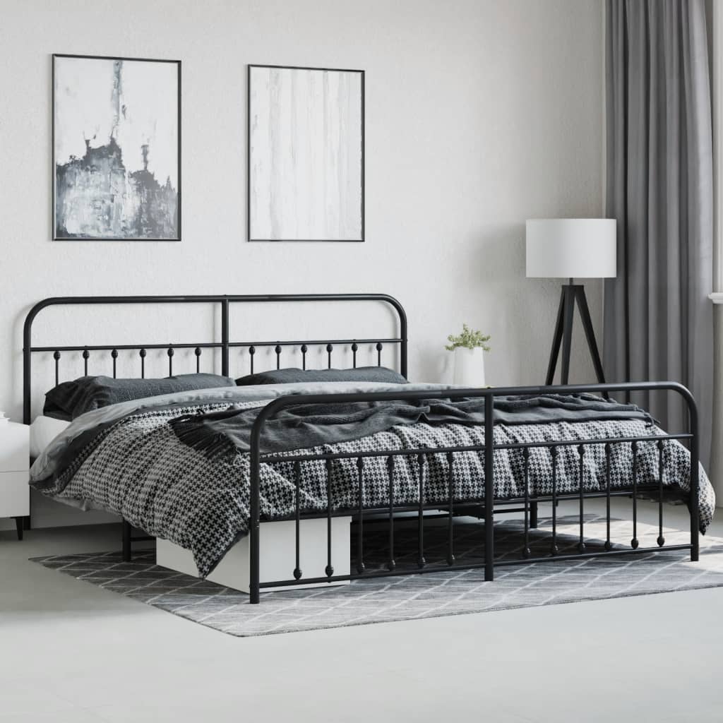 Black metal bed frame with rounded headboard and footboard featuring a classic spindle design
