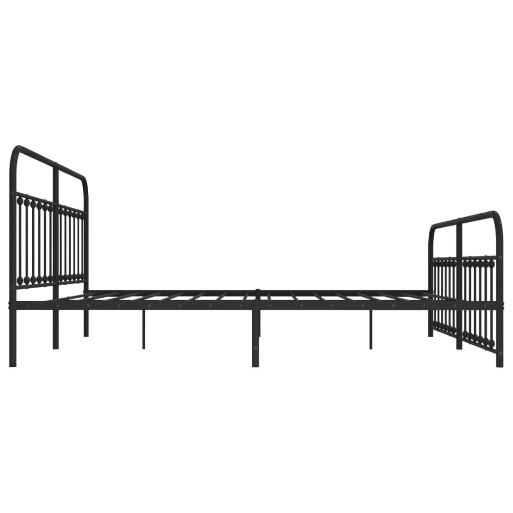 Black wrought iron bed frame with rounded headboard and footboard featuring vertical spindles and decorative finials