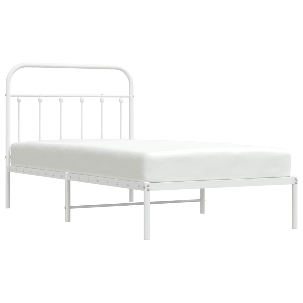 White metal twin bed frame with a minimalist headboard