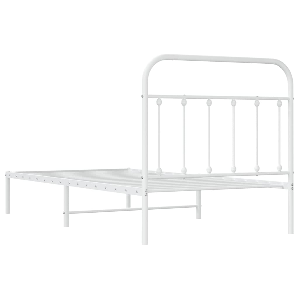 White metal twin bed frame with rounded headboard and vertical slats